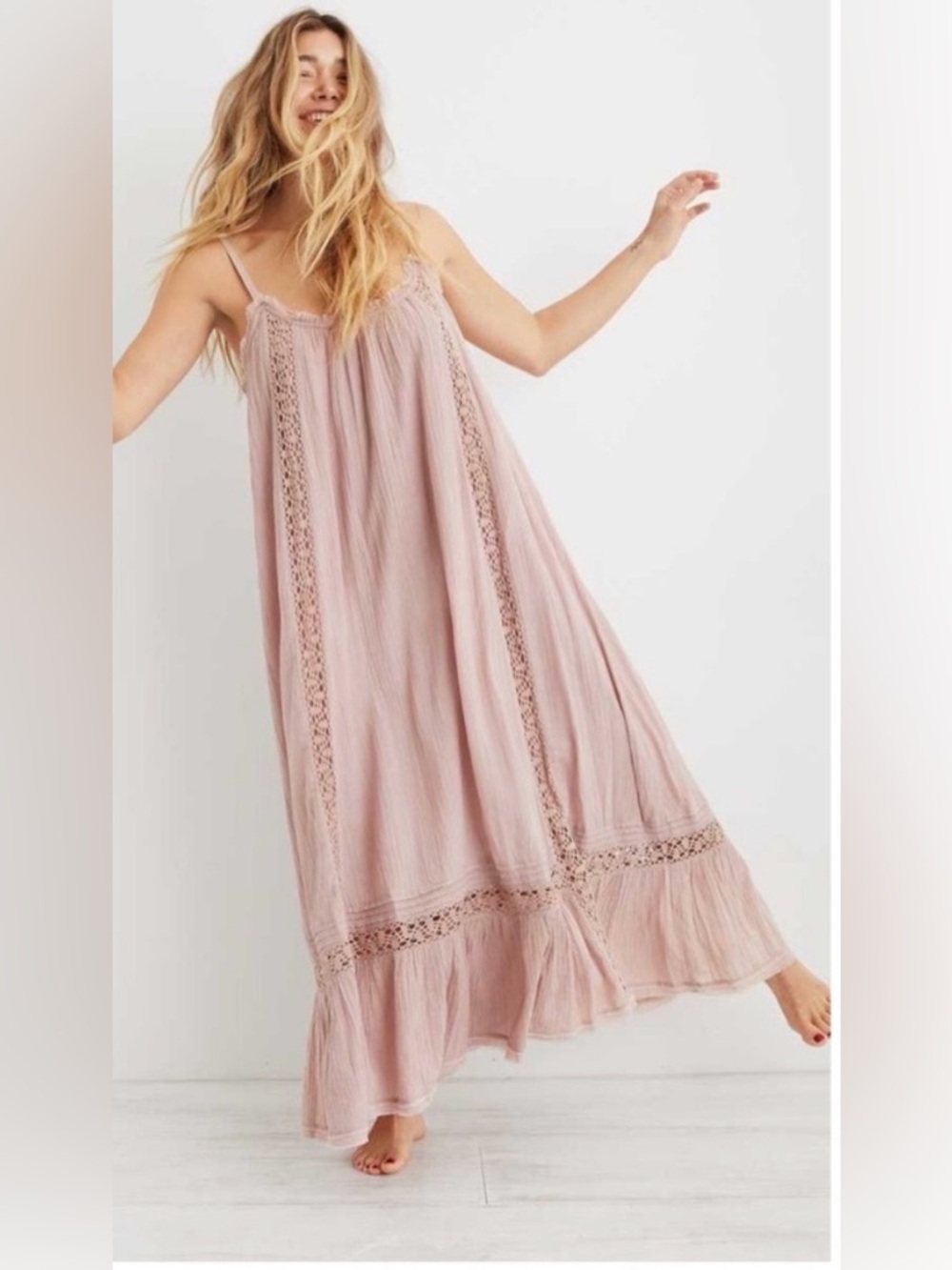 Aerie Dusty Rose CrochetTrim Maxi Dress Size XS 100% Cotton - Picture 2 of 10